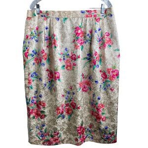 Cottagecore Women's Beige Floral‎ 100% Silk Skirt Knee Length Size 14L Prairie